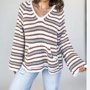 HYFVE Blue and Brown Striped V-Neck Beach Sweater